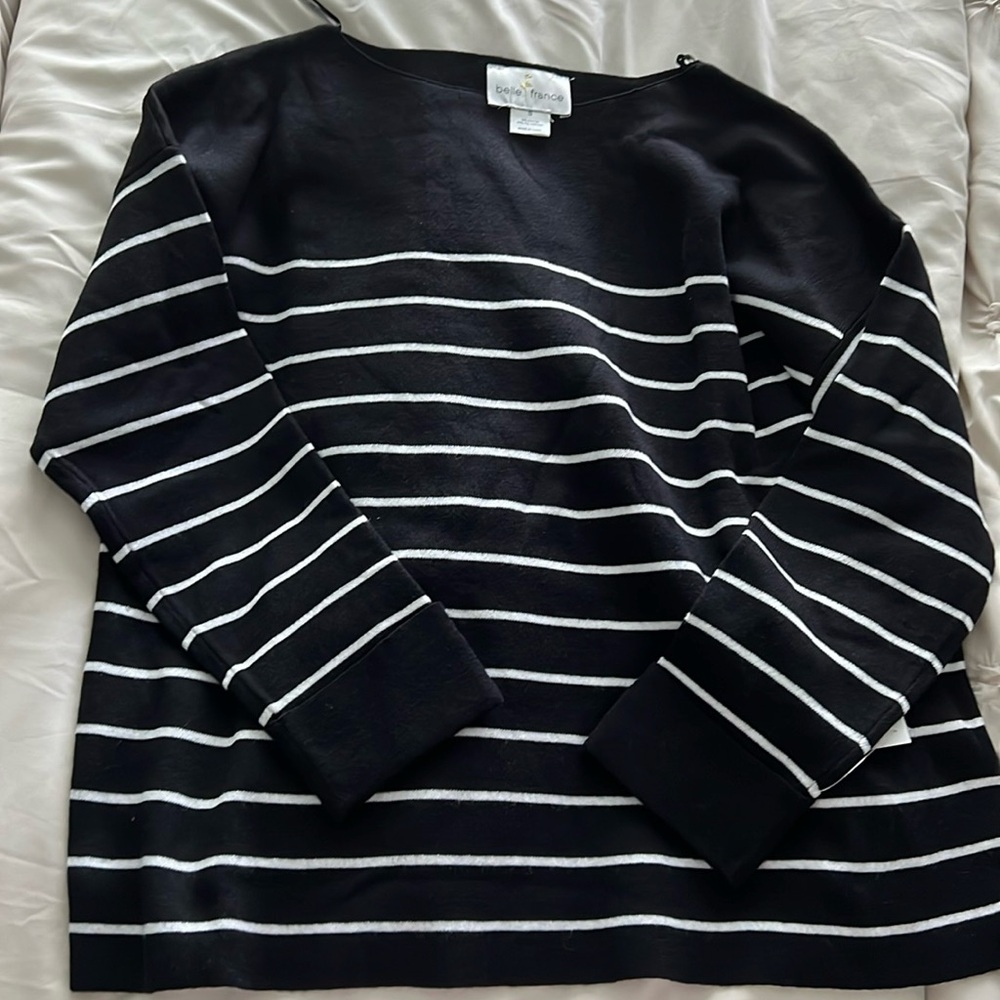 Belle France Black and White Striped Long Sleeve Shirt for Women (Size Small)